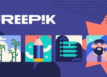 Gráfico de Freepik con ilustraciones planas de palmeras, lápiz, bigote y otras piezas de diseño junto al logotipo 'FREEPIK'.