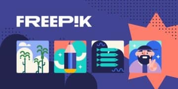 Gráfico de Freepik con ilustraciones planas de palmeras, lápiz, bigote y otras piezas de diseño junto al logotipo 'FREEPIK'.