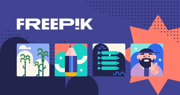 Gráfico de Freepik con ilustraciones planas de palmeras, lápiz, bigote y otras piezas de diseño junto al logotipo 'FREEPIK'.