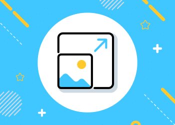 Ilustración de icono de redimensionar imagen en fondo azul con elementos geométricos