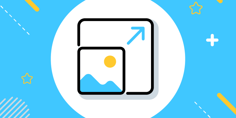 Ilustración de icono de redimensionar imagen en fondo azul con elementos geométricos