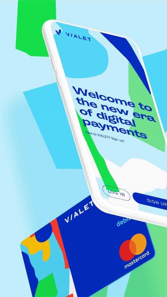 Banner vertical de VIALET con smartphone mostrando el mensaje 'Welcome to the new era of digital payments' y una tarjeta de débito MasterCard de colores vivos.