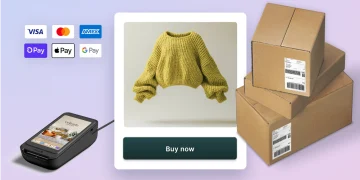 Composición de comercio electrónico con terminal de pago, tarjeta de producto con jersey amarillo y cajas de envío, junto a logotipos de métodos de pago – Mundo Chido