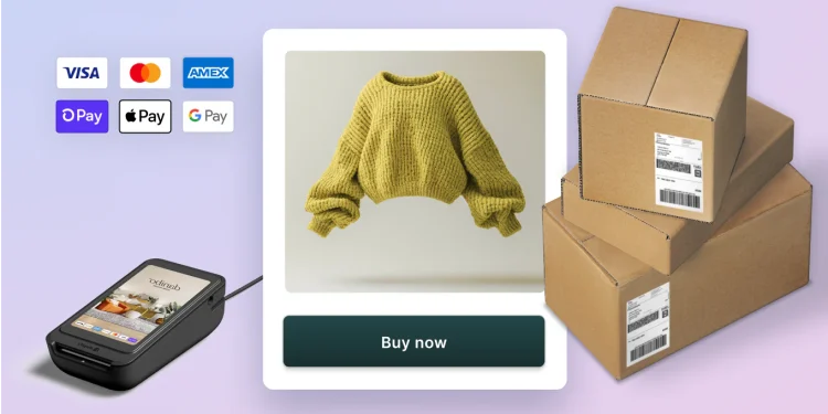 Composición de comercio electrónico con terminal de pago, tarjeta de producto con jersey amarillo y cajas de envío, junto a logotipos de métodos de pago – Mundo Chido