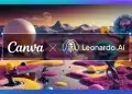 Gráfico que muestra la colaboración entre Canva y Leonardo.Ai sobre un paisaje surrealista de planetas y colinas de colores.