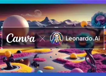 Gráfico que muestra la colaboración entre Canva y Leonardo.Ai sobre un paisaje surrealista de planetas y colinas de colores.
