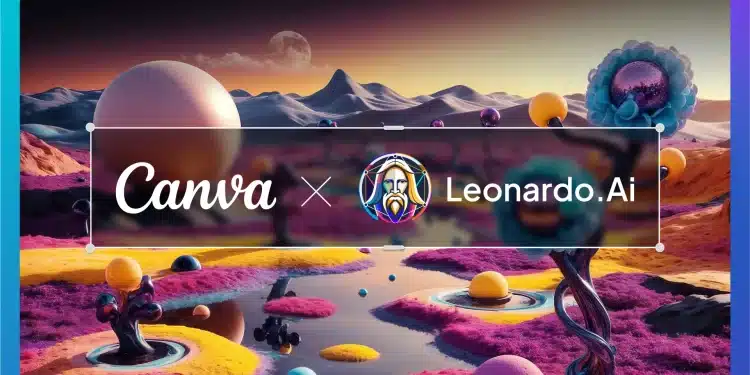 Gráfico que muestra la colaboración entre Canva y Leonardo.Ai sobre un paisaje surrealista de planetas y colinas de colores.