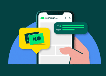 Gráfico de un teléfono inteligente con iconos de recarga y notificaciones representando la plataforma Recharge – Mundo Chido