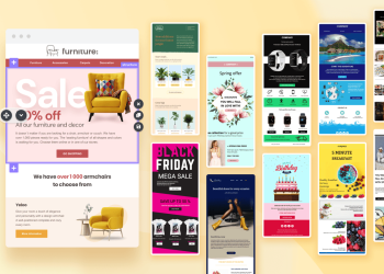 Collage de plantillas de marketing por correo electrónico con diseños de promociones, rebajas y productos, sobre fondo amarillo.