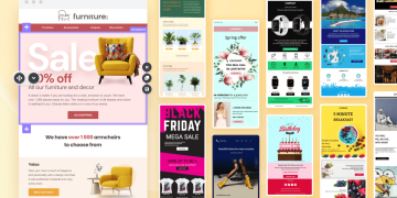 Collage de plantillas de marketing por correo electrónico con diseños de promociones, rebajas y productos, sobre fondo amarillo.