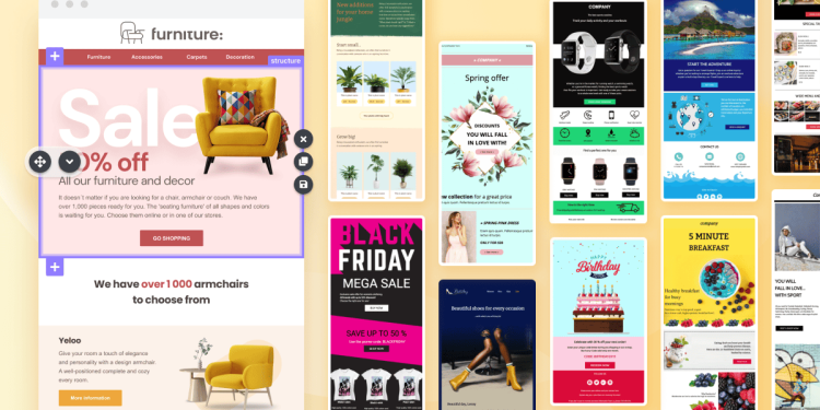 Collage de plantillas de marketing por correo electrónico con diseños de promociones, rebajas y productos, sobre fondo amarillo.