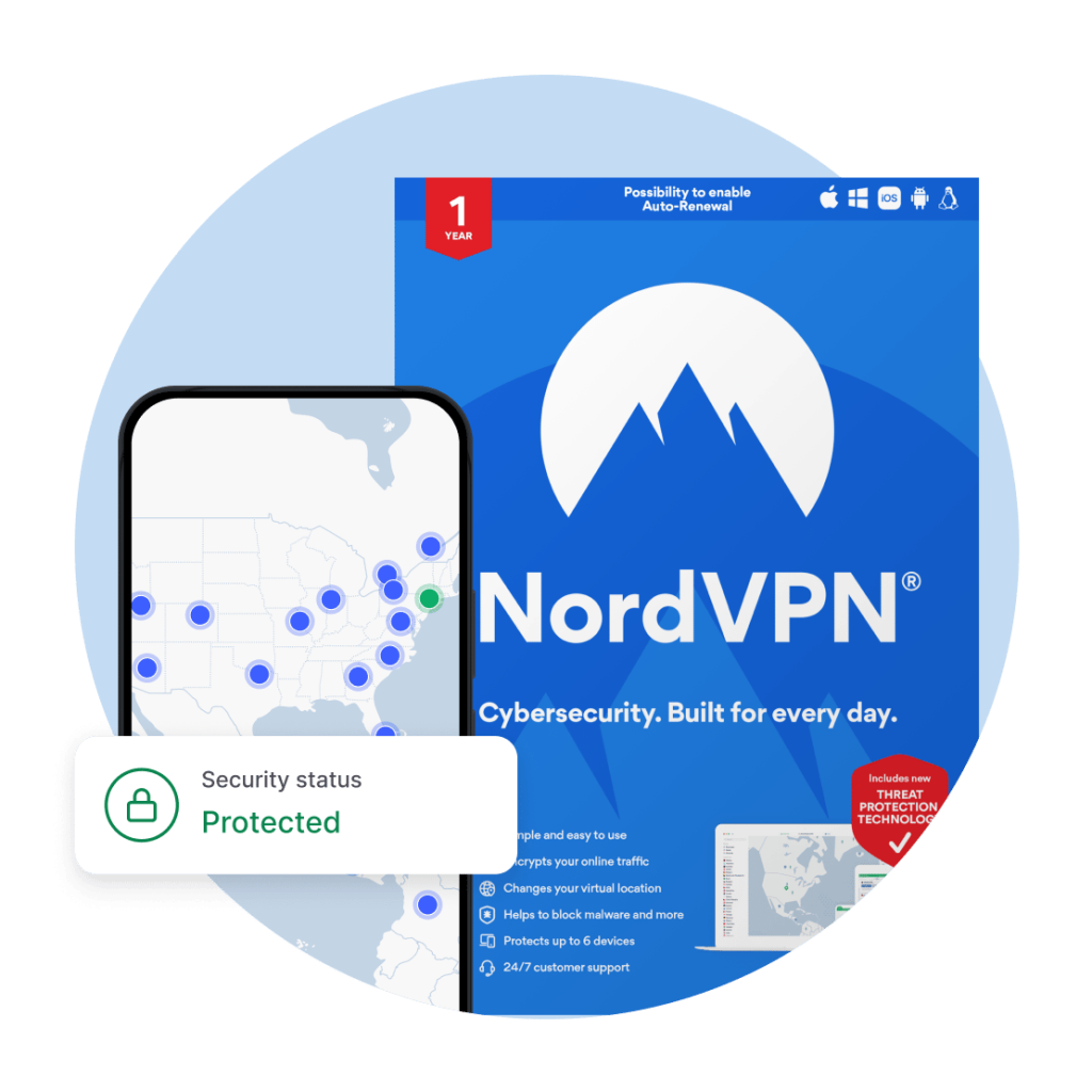 Paquete de NordVPN con un mapa en un smartphone y mensaje 'Security status: Protected', destacando ciberseguridad para uso diario.