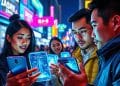Grupo de jóvenes usando smartphones transparentes con hologramas en una calle iluminada con letreros de neón – Mundo Chido