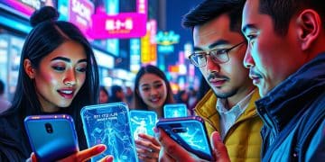 Grupo de jóvenes usando smartphones transparentes con hologramas en una calle iluminada con letreros de neón – Mundo Chido