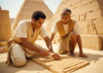 Dos hombres con túnicas tallando un relieve en piedra frente a un templo egipcio con jeroglíficos – Mundo Chido