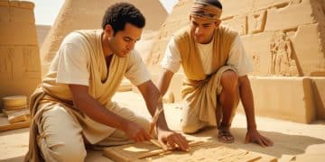 Dos hombres con túnicas tallando un relieve en piedra frente a un templo egipcio con jeroglíficos – Mundo Chido