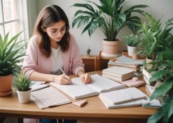 Joven con gafas organizando su agenda en un escritorio rodeado de plantas, revisando notas y escribiendo – Mundo Chido