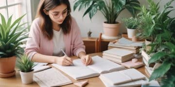 Joven con gafas organizando su agenda en un escritorio rodeado de plantas, revisando notas y escribiendo – Mundo Chido