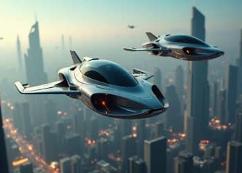 Dos autos voladores futuristas sobrevolando una ciudad del futuro al amanecer – Mundo Chido