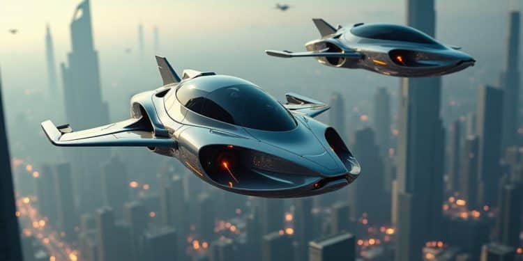 Dos autos voladores futuristas sobrevolando una ciudad del futuro al amanecer – Mundo Chido
