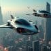 Dos autos voladores futuristas sobrevolando una ciudad del futuro al amanecer – Mundo Chido