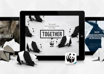 Imagen con origami de animales, un elefante, pandas y logo de WWF junto al texto 'Together', sobre una tableta y fondo gris – Mundo Chido