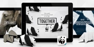 Imagen con origami de animales, un elefante, pandas y logo de WWF junto al texto 'Together', sobre una tableta y fondo gris – Mundo Chido