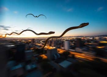 Imagen surrealista de serpientes voladoras sobre una ciudad al atardecer, con movimiento borroso en el fondo.