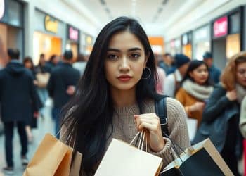 Mujer joven de cabello oscuro caminando por un centro comercial con varias bolsas de compras en las manos.