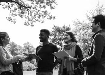 Grupo de jóvenes conversando al aire libre bajo un árbol en un parque, imagen en blanco y negro – Mundo Chido