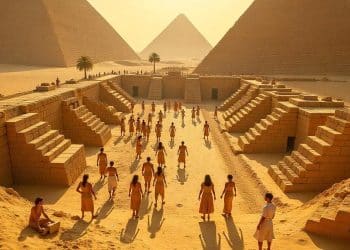 Complejo de pirámides antiguas con personas caminando, escena desértica – Mundo Chido