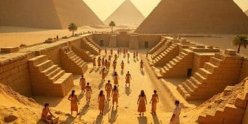 Complejo de pirámides antiguas con personas caminando, escena desértica – Mundo Chido