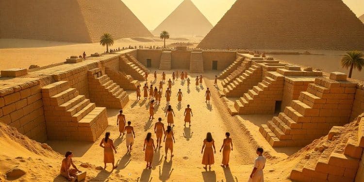 Complejo de pirámides antiguas con personas caminando, escena desértica – Mundo Chido