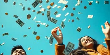 Pareja joven celebrando mientras llueven billetes de dólar y monedas sobre un fondo azul brillante – Mundo Chido