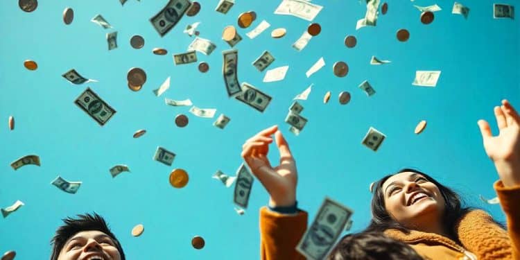 Pareja joven celebrando mientras llueven billetes de dólar y monedas sobre un fondo azul brillante – Mundo Chido