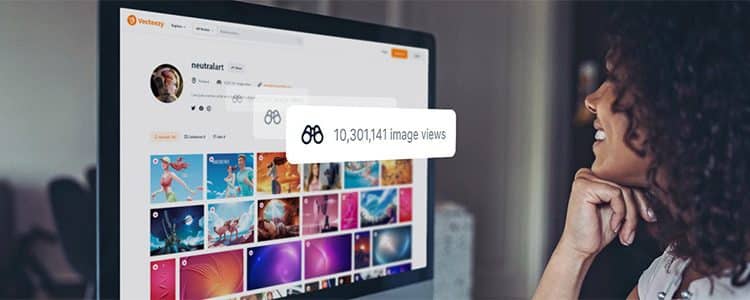 Mujer joven con cabello rizado viendo una pantalla de ordenador con galerías de imágenes en Vecteezy – Mundo Chido