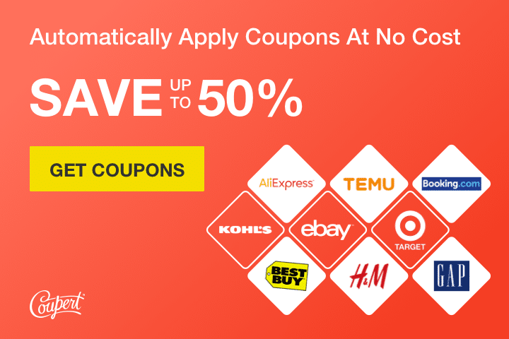 Banner de Coupert que anuncia la aplicación automática de cupones con un ahorro de hasta el 50%, incluye logos de tiendas como AliExpress, Temu, Booking.com, eBay, Target, H&M, Gap y un botón 'Get Coupons'.