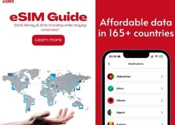 Banner que muestra el título 'eSIM Guide' con encabezado rojo y fondo transparente.