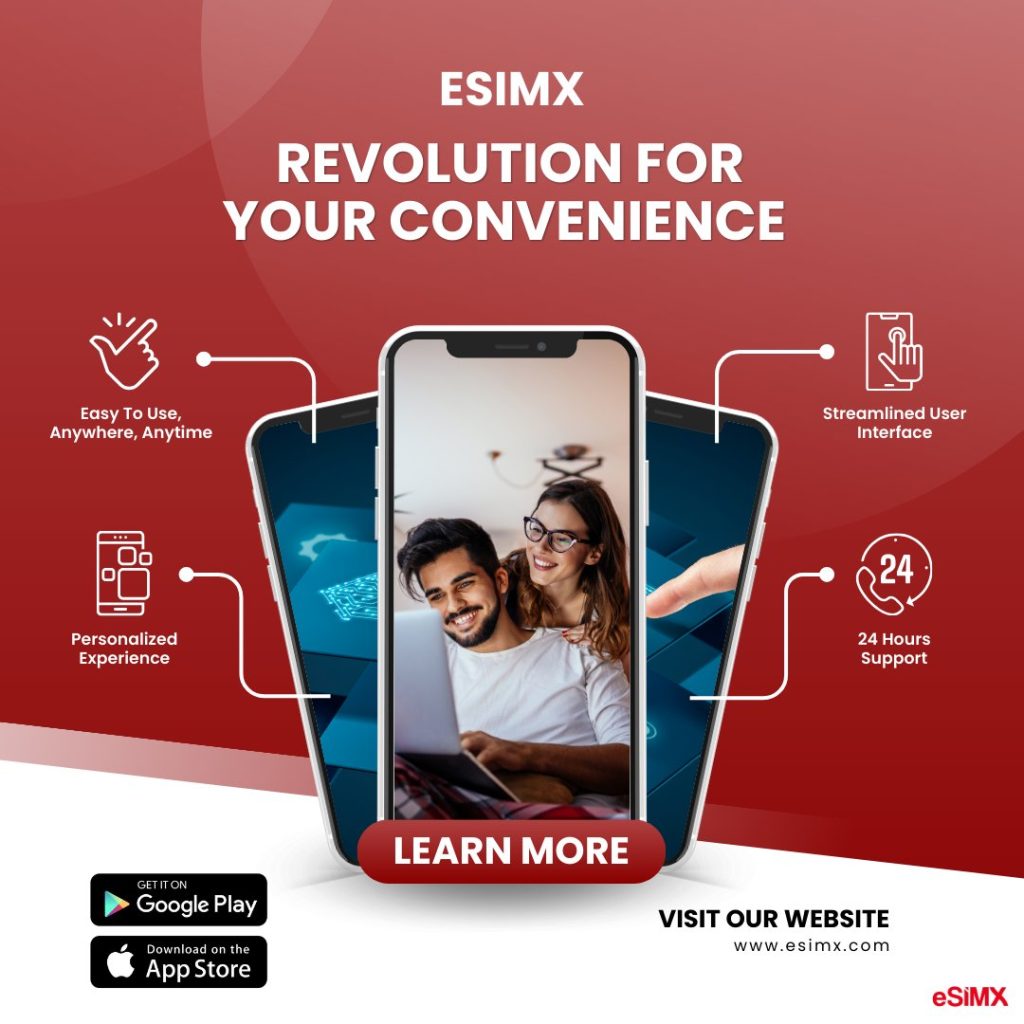 Gráfico promocional de eSIMX que muestra un smartphone con la leyenda 'Revolution for your convenience' y varios iconos de características.