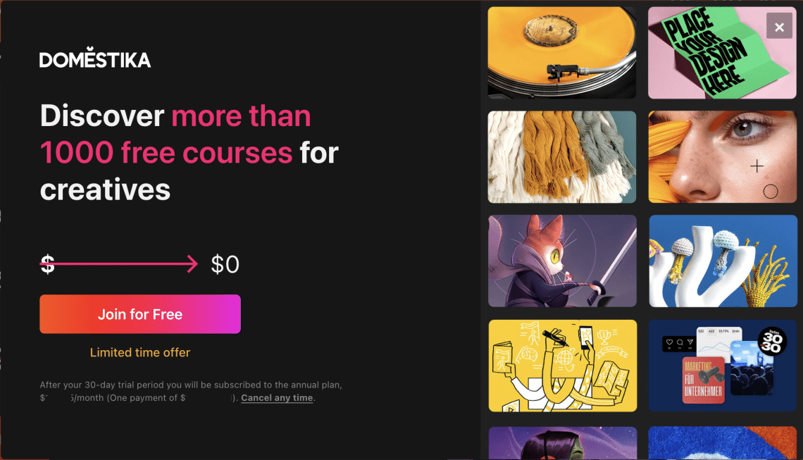 Publicidad de Domestika que invita a descubrir más de 1000 cursos gratuitos para creativos, con collage de imágenes y botón “Join for Free”.