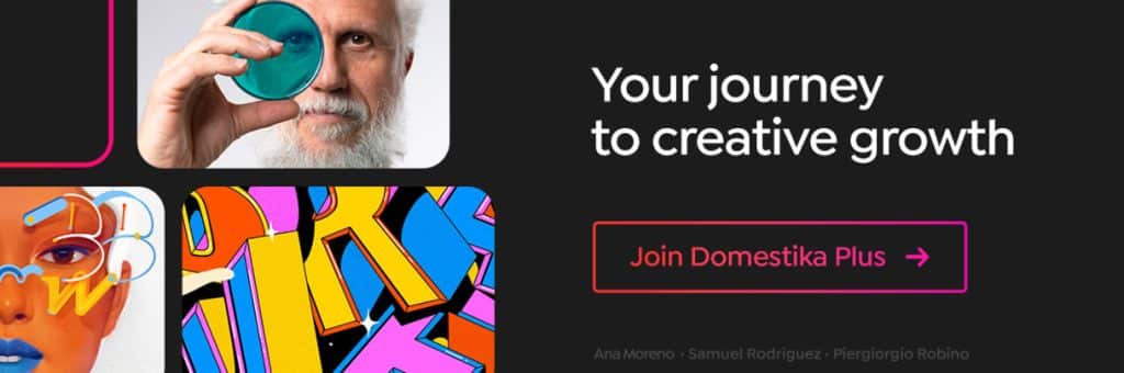 Banner promocional de Domestika Plus que muestra un collage de ilustraciones artísticas con el texto “Your journey to creative growth” y un botón “Join Domestika Plus”.