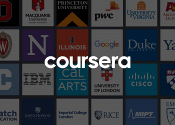 Collage de logotipos de universidades como Georgia Tech, Macquarie University, Princeton y otras, que ilustra las instituciones asociadas con Coursera.