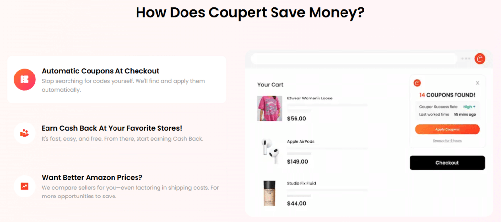 Infografía de Coupert titulada 'How Does Coupert Save Money?' que explica la búsqueda automática de cupones, cashback y mejores precios de Amazon, con un ejemplo de carrito de compras y cupones.