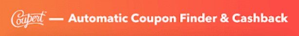 Banner de Coupert con texto “Automatic Coupon Finder & Cashback” sobre fondo naranja.