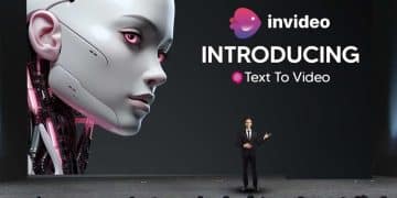 Presentación de InVideo con una pantalla que muestra un robot humanoide y un presentador anunciando la función 'Text to Video'.