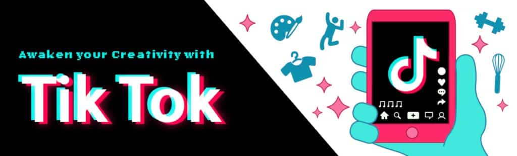 Gráfico con texto 'Awaken your creativity with TikTok' y diseño colorido, con un smartphone y varios íconos creativos.