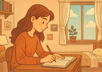 Ilustración de una joven escribiendo en un cuaderno en una habitación acogedora, imagen de Mundo Chido