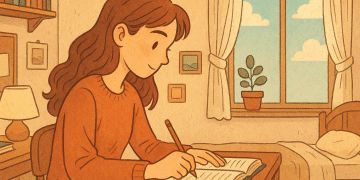 Ilustración de una joven escribiendo en un cuaderno en una habitación acogedora, imagen de Mundo Chido