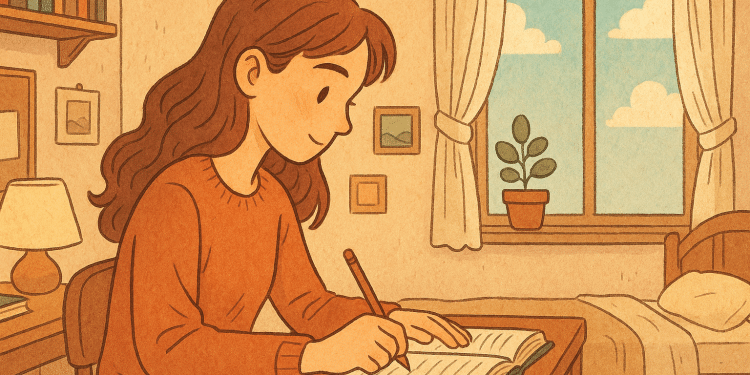 Ilustración de una joven escribiendo en un cuaderno en una habitación acogedora, imagen de Mundo Chido