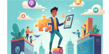 Un hombre que sostiene una pieza de puzle se encuentra sobre libros apilados, rodeado de personas que utilizan tecnología como drones, tabletas y RV, simbolizando el aprendizaje digital y la conexión en un entorno luminoso con temática urbana.